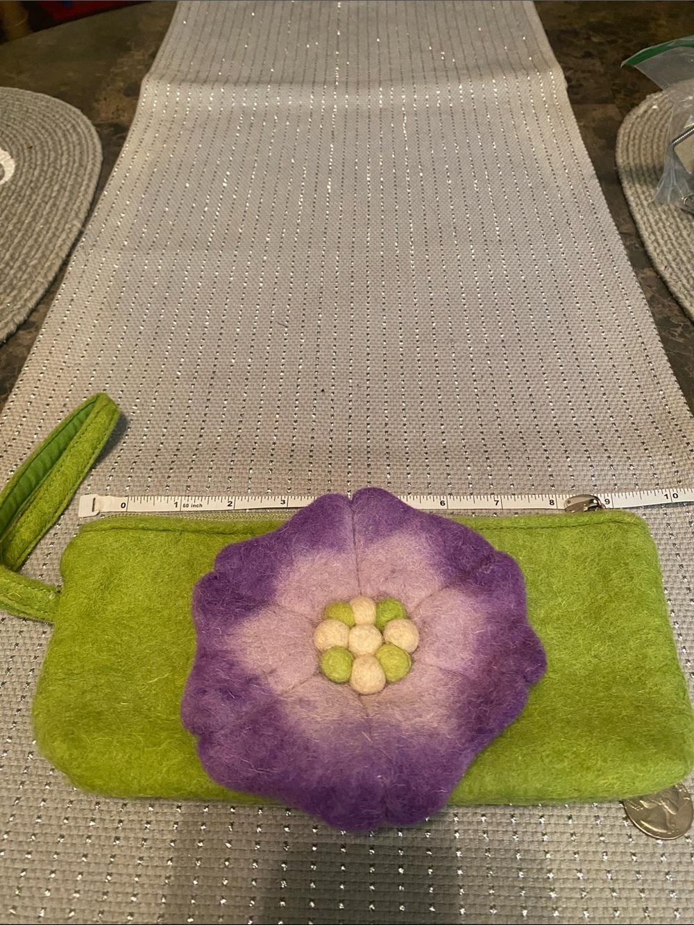 stem Green Felt Wristlet Clutch with Purple Flower